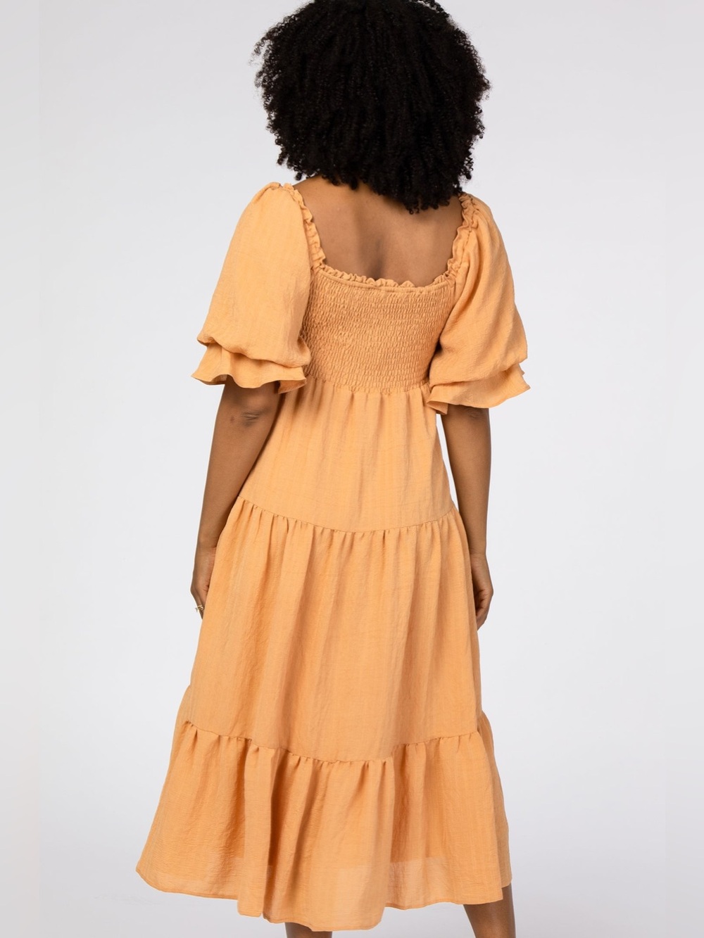 Peach Tiered Midi Dress with Puff Sleeves and Self-Tie Waist - Picture 2 of 7